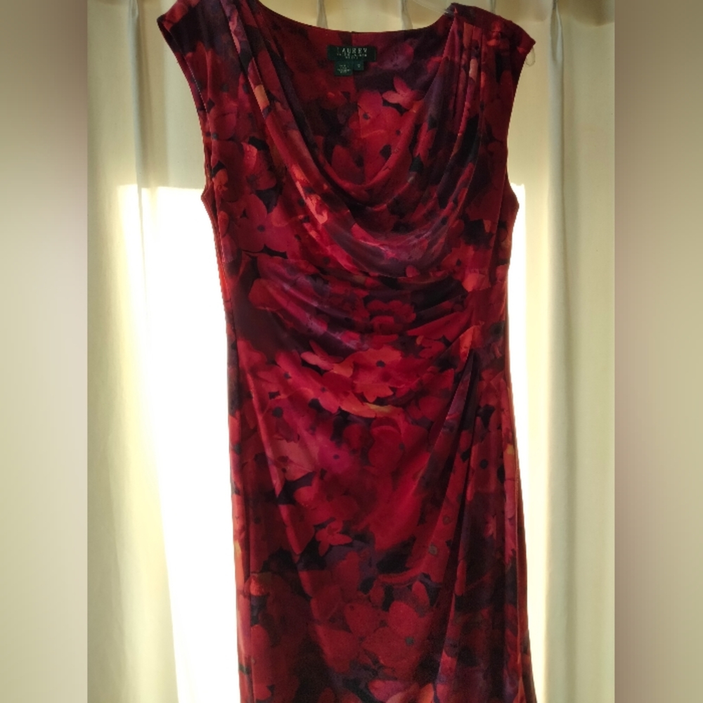 Ralph Lauren Dress Size 10. Purple,red and peach design. Gathered on the side.